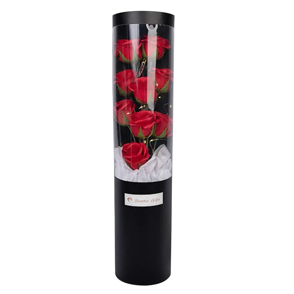 Led rose soap flower gift box with vibrant red rose soap arranged vertically in a black cylindrical container for valentine’s day