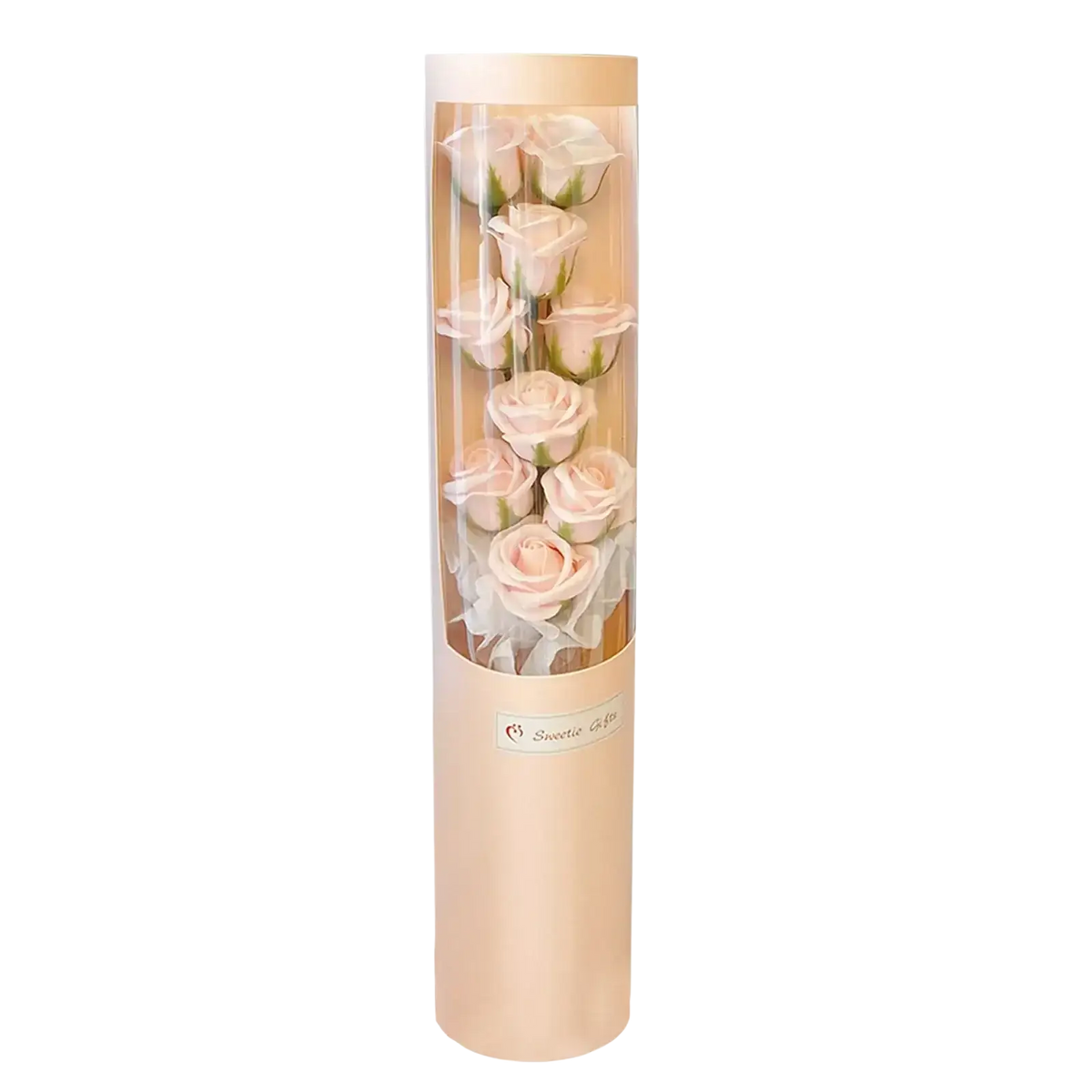 Led rose gift box with clear panel displaying preserved pale pink rose soap flowers for valentine’s day gift