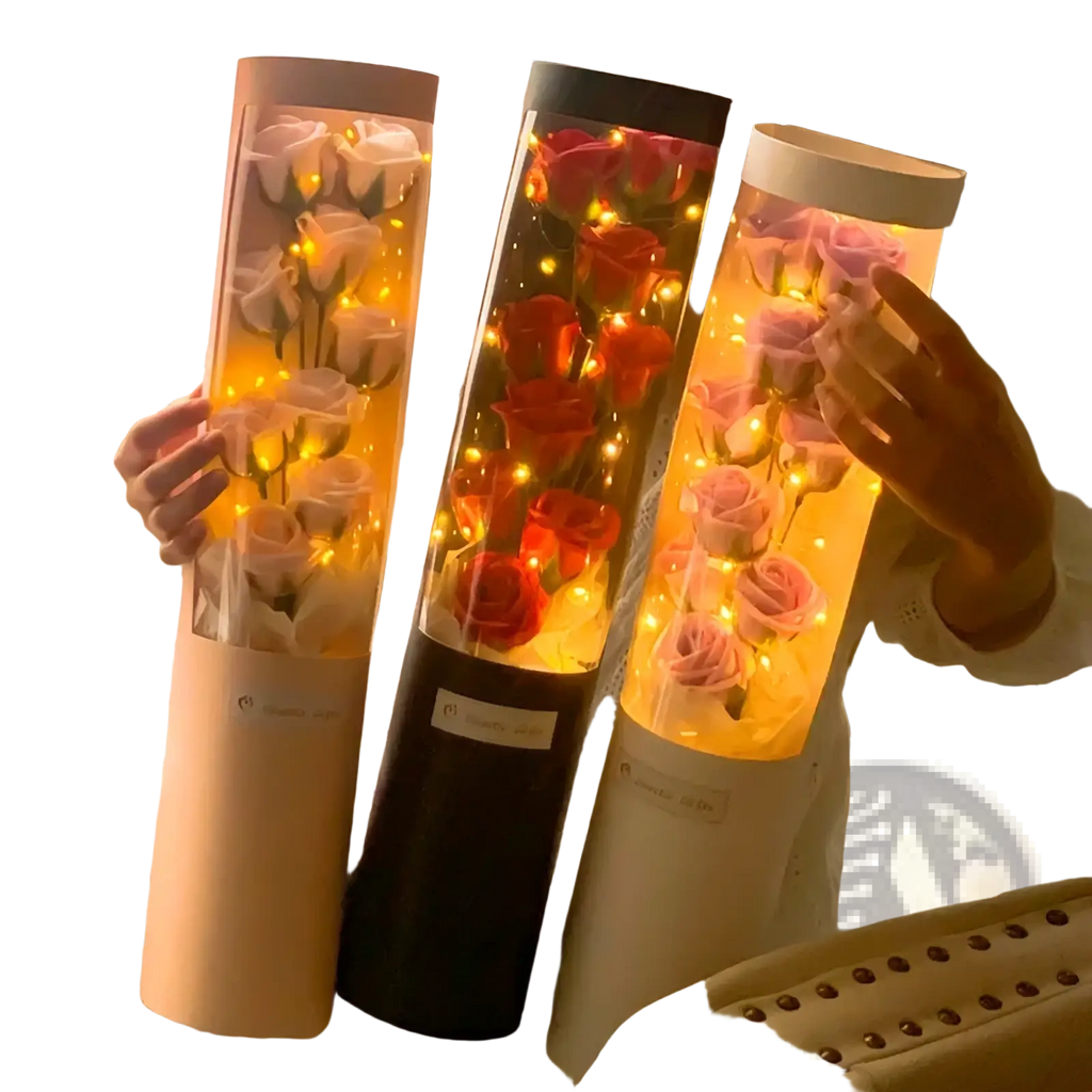 Led rose soap flower gift box with three cylindrical glass tubes featuring white red and pink preserved roses with warm led lighting