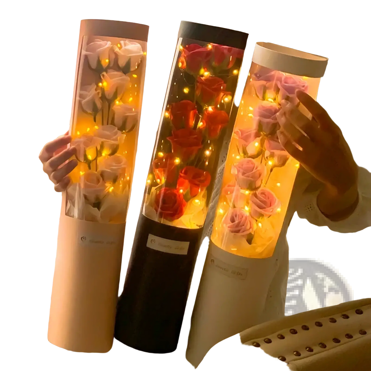 Led rose soap flower gift box with three cylindrical glass tubes featuring white red and pink preserved roses with warm led lighting