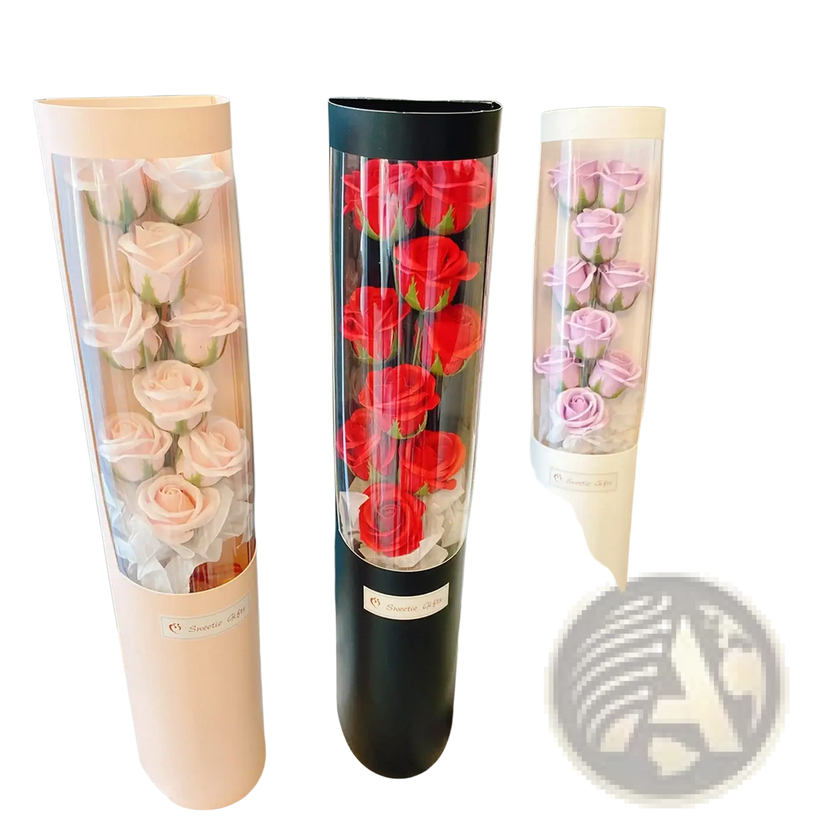 Three cylindrical glass led rose soap flower vases in pink red and lavender with matching bases for valentine’s day gift