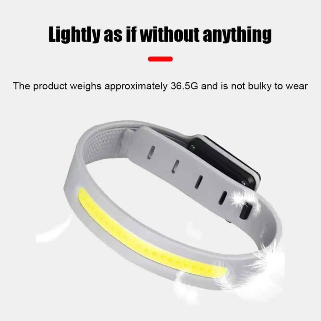 A sleek lightweight gray led running arm light band with a bright yellow light strip and black adjustment clasp