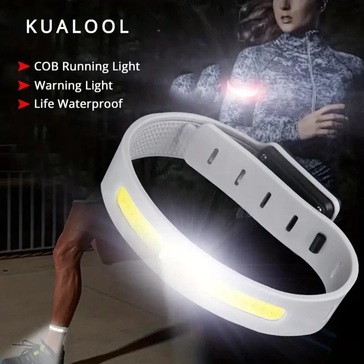 White kualool cob led running arm light wristband with glowing yellow led strip and black buckle for safety use