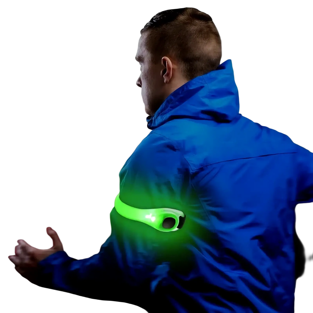 Led running armband rechargeable safety light featuring a bright neon green curved design with black button on the side