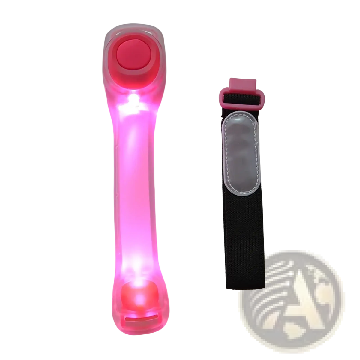 Led running armband with pink rechargeable safety light clear plastic body red button and black adjustable strap with pink buckle
