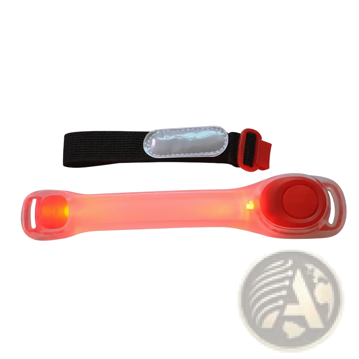 Red led running armband with rechargeable safety light, black elastic strap, and reflective panel for visibility