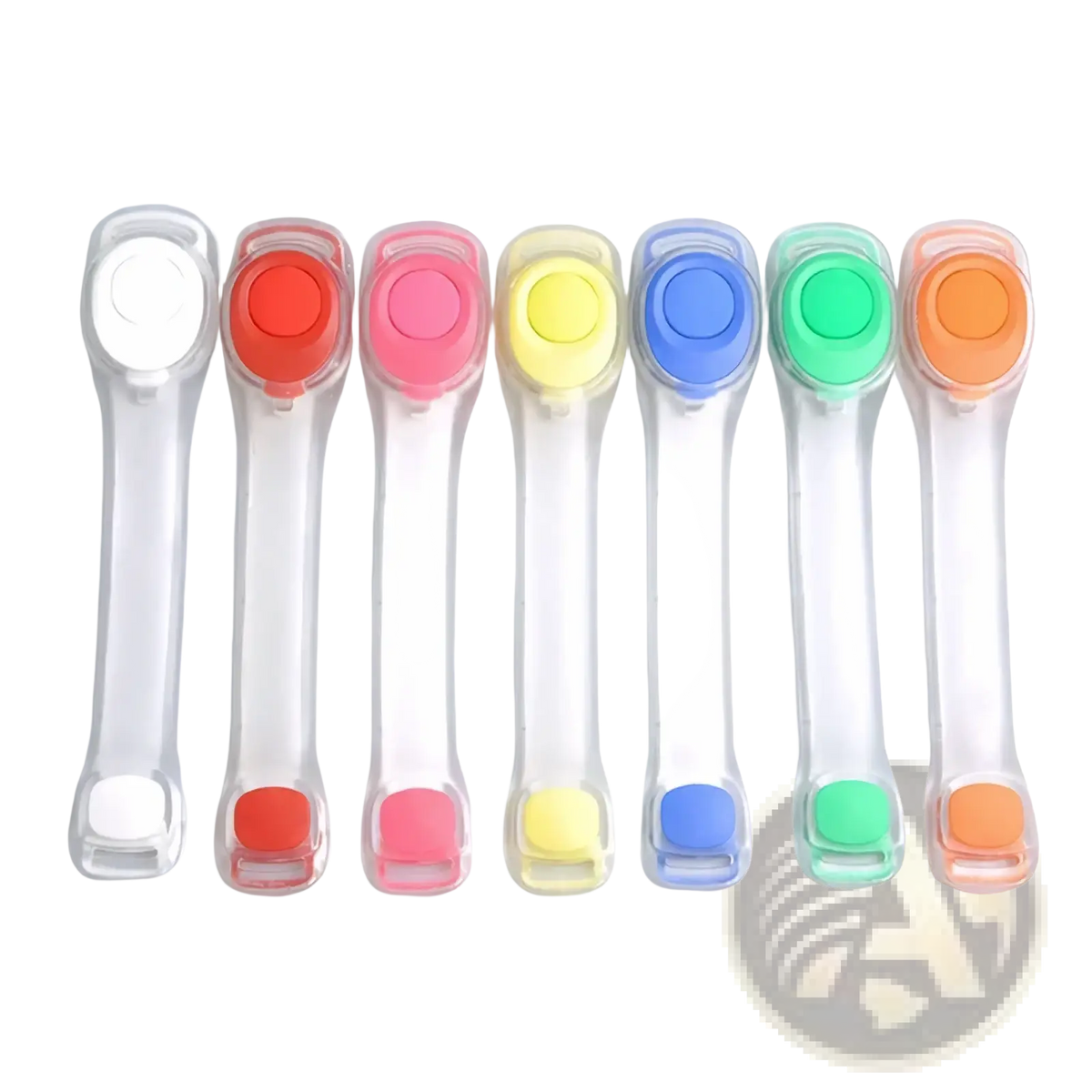 A set of seven colorful transparent plastic baby safety clips with matching circular buttons and bases for secure use