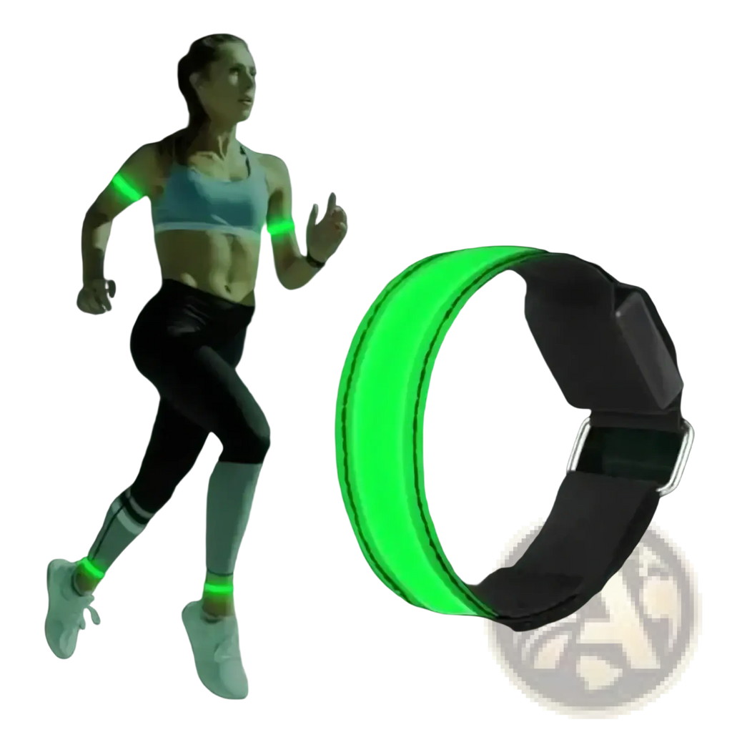 Led running armband usb rechargeable safety light with glowing green reflective band dark strap and silver buckle