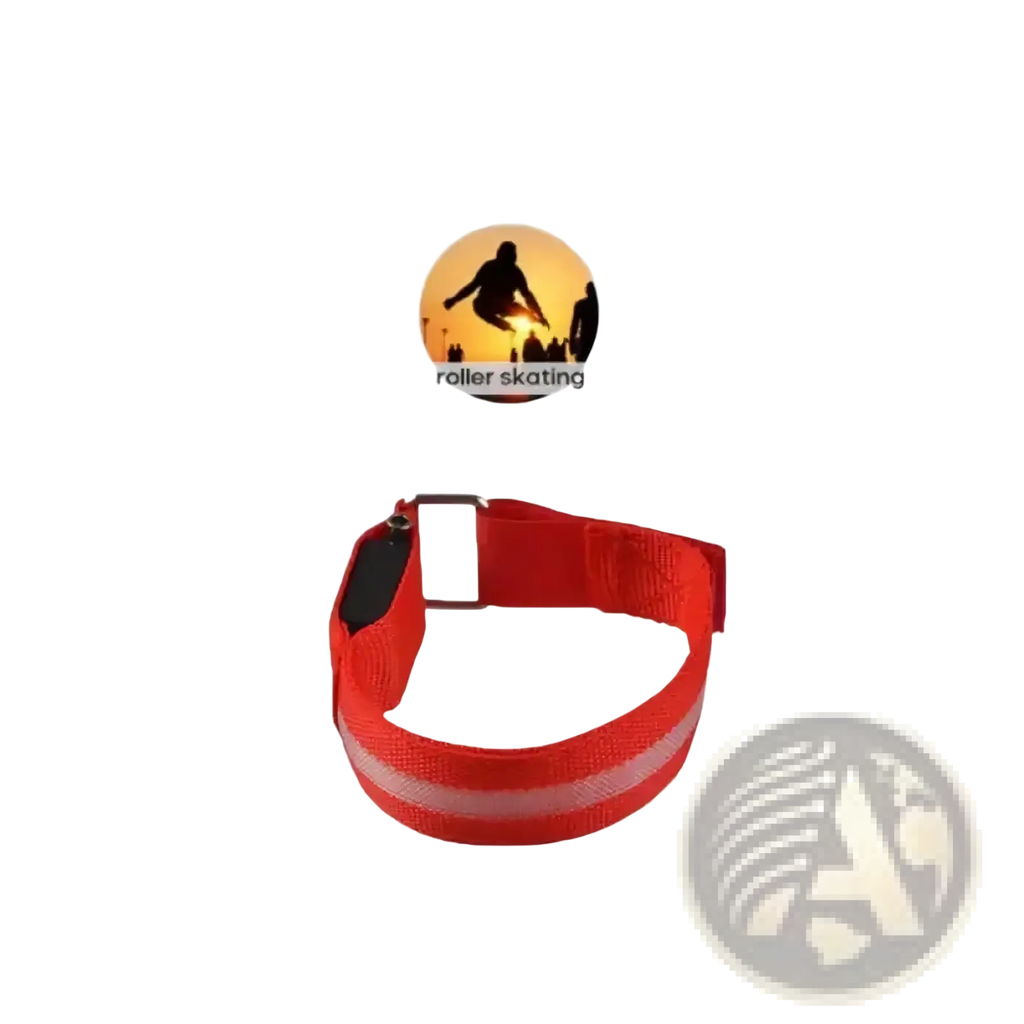 Led running armband usb rechargeable safety light featuring a red reflective safety belt with silver buckle and white stripes
