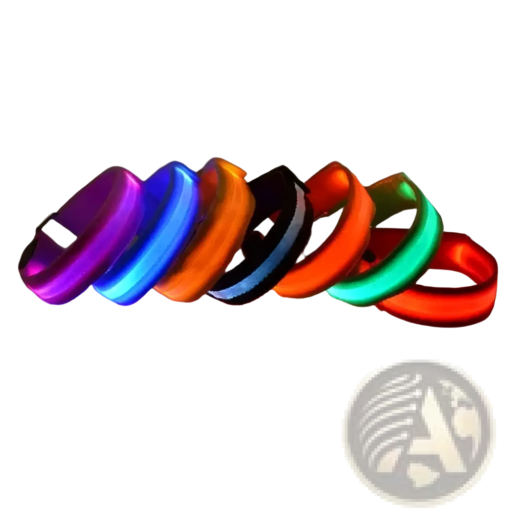 A set of six usb rechargeable led running armbands in vibrant purple blue orange black with white stripe red and green colors