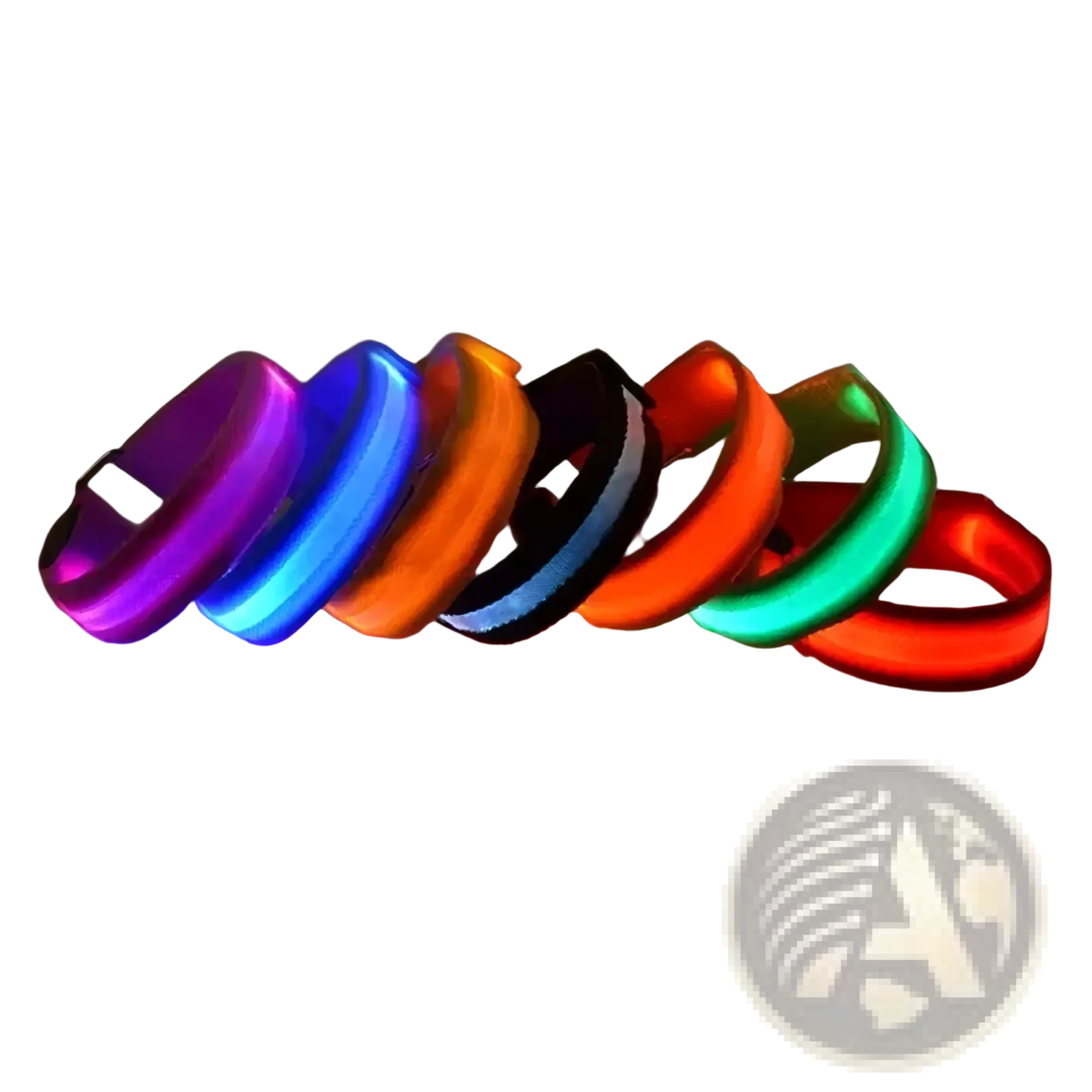 A set of six usb rechargeable led running armbands in vibrant purple blue orange black with white stripe red and green colors