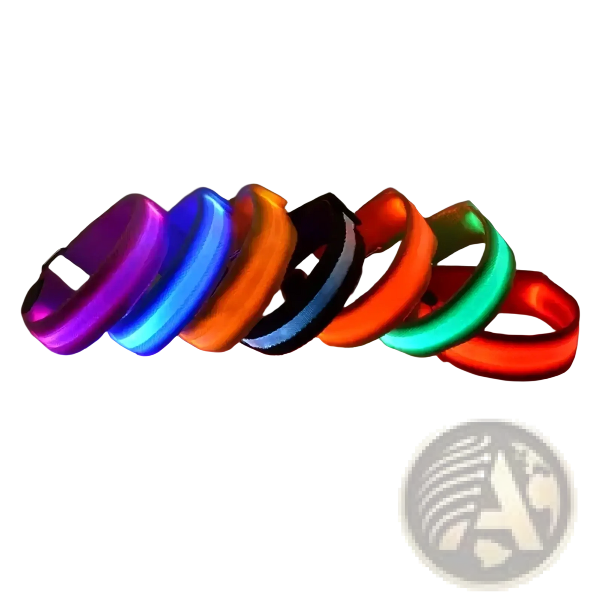 A set of usb rechargeable led running armbands glowing in vibrant purple blue orange black red and green colors