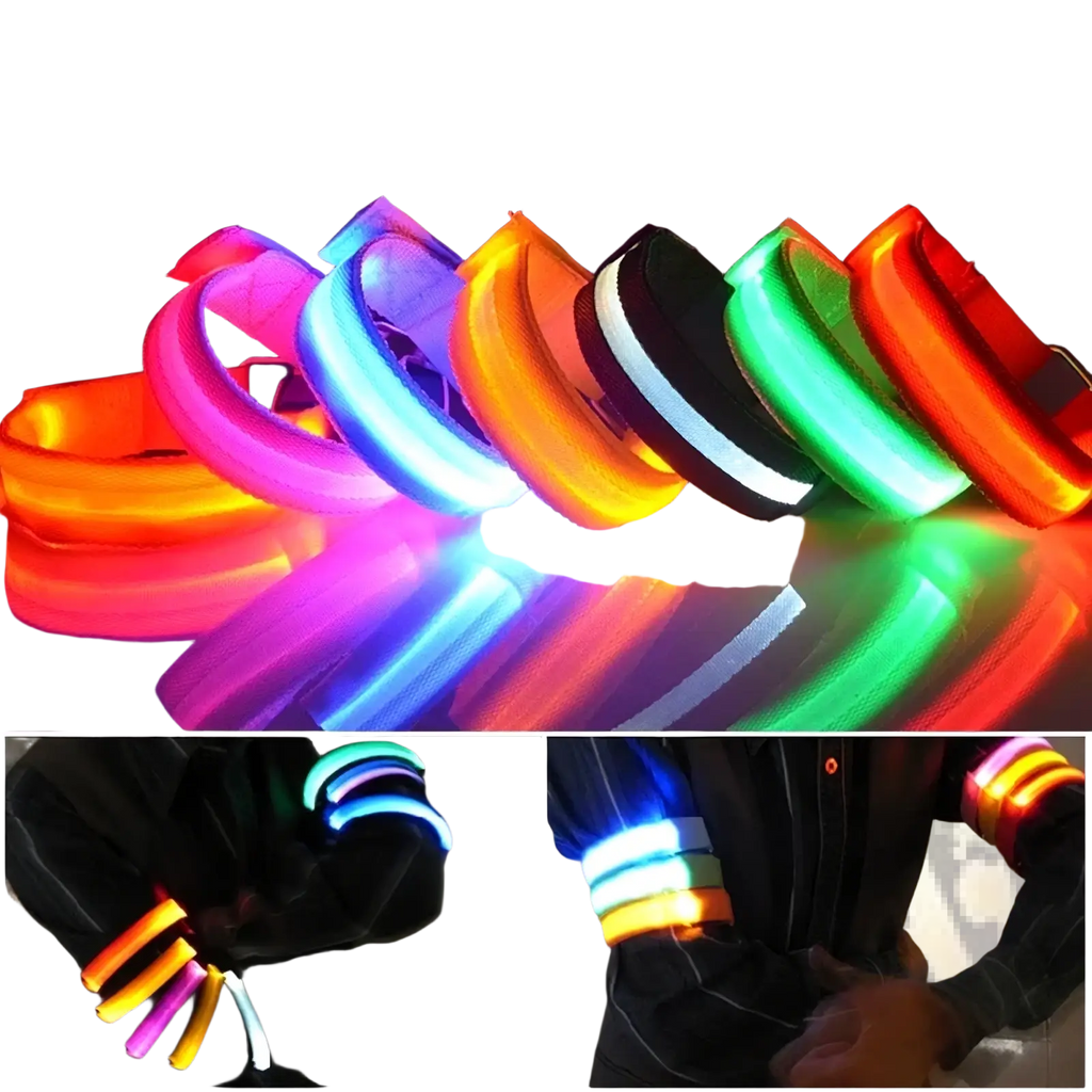Usb rechargeable led running armbands in vibrant pink blue orange green and black for safety illumination