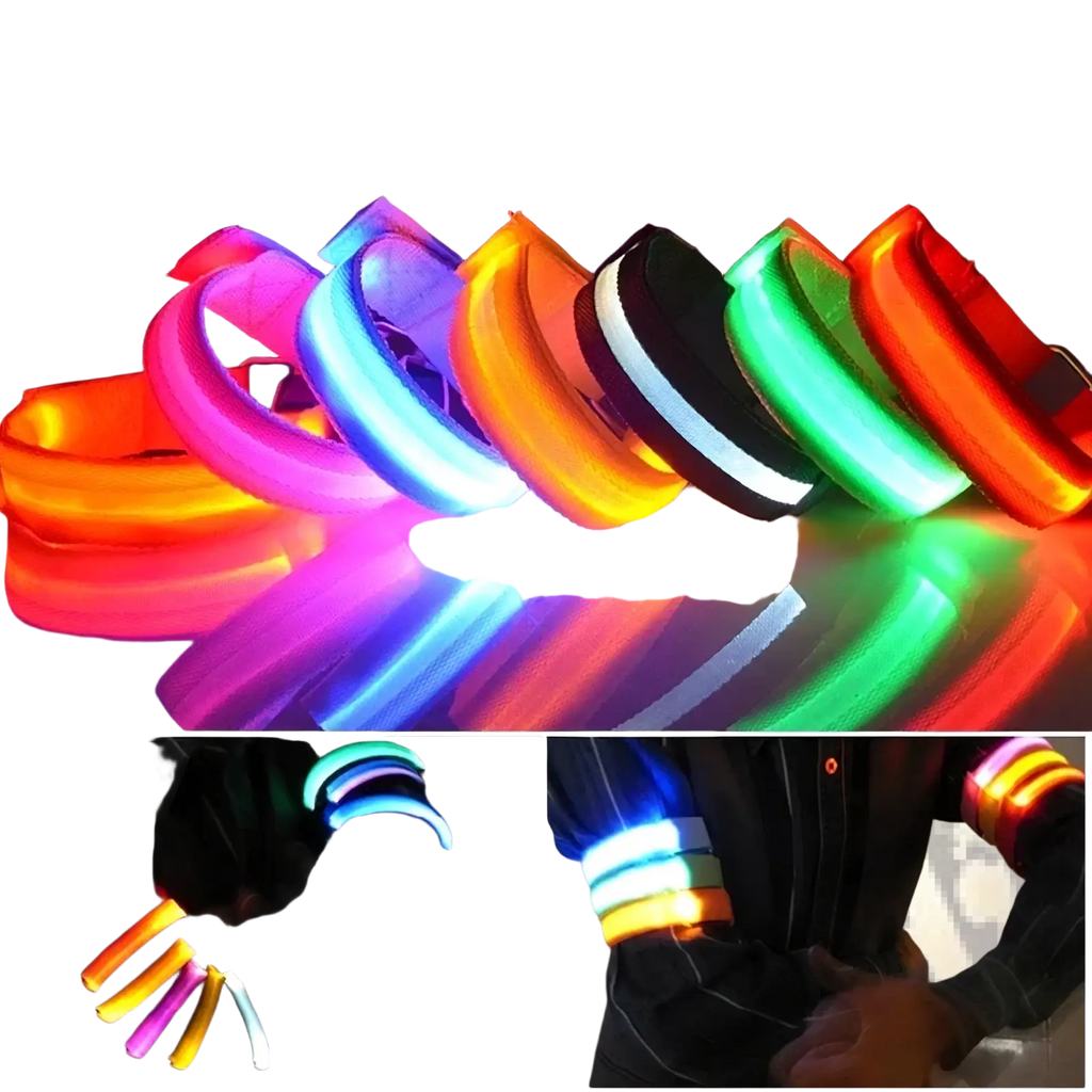 Usb rechargeable led running armbands in vibrant orange pink blue green and black for safety lighting