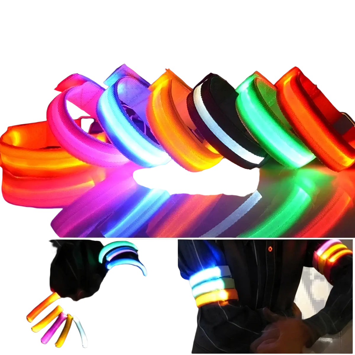 Usb rechargeable led running armbands in vibrant orange pink blue green and black for safety lighting