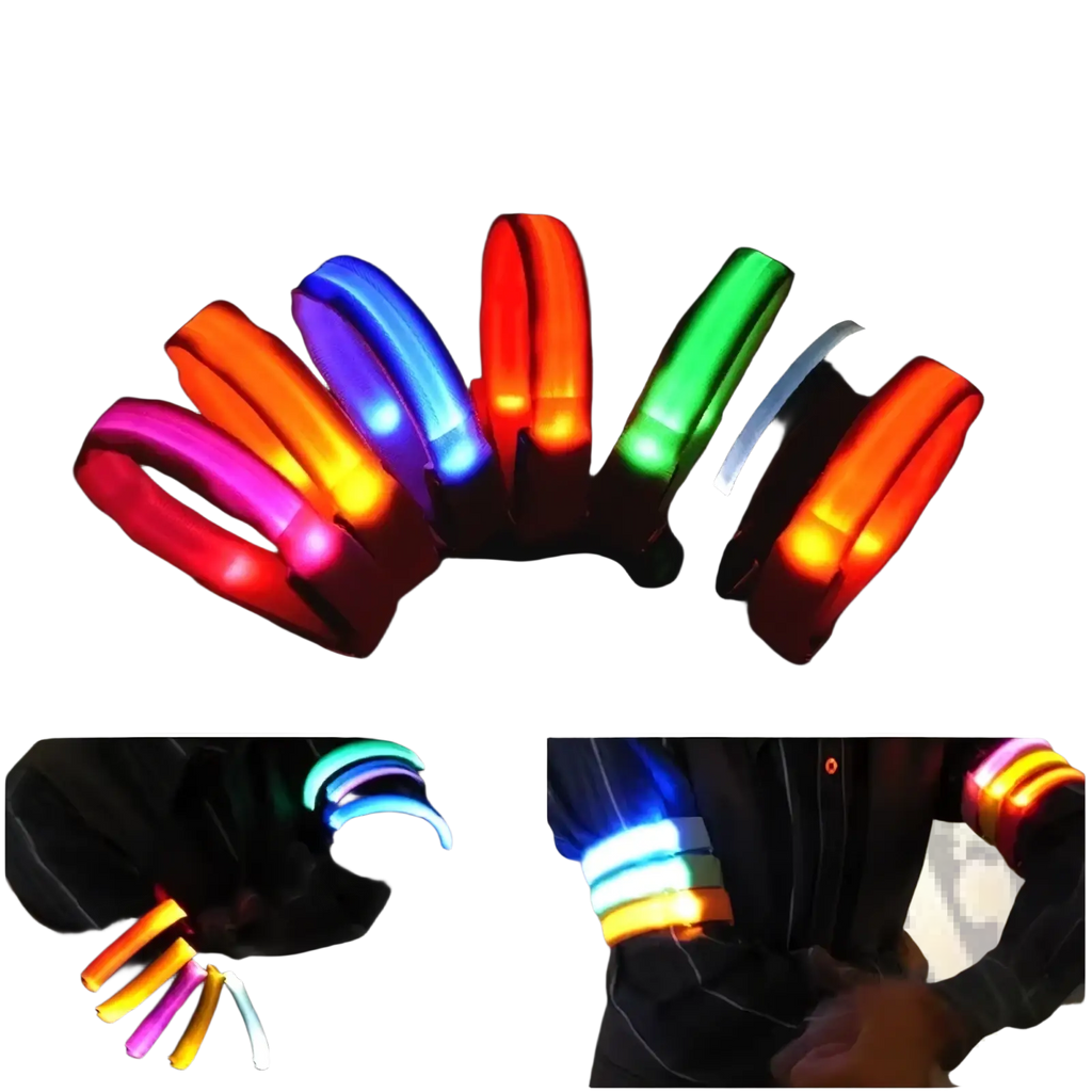 Led running armband usb rechargeable safety light in vibrant rainbow colors made of flexible plastic with sleek design