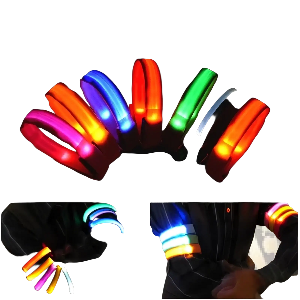 Led running armband usb rechargeable safety light in vibrant rainbow colors made of flexible plastic with sleek design