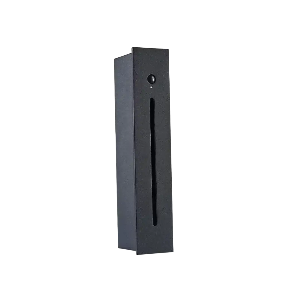 Black rectangular led stair wall light with motion sensor and a vertical slot and circular button on the front panel