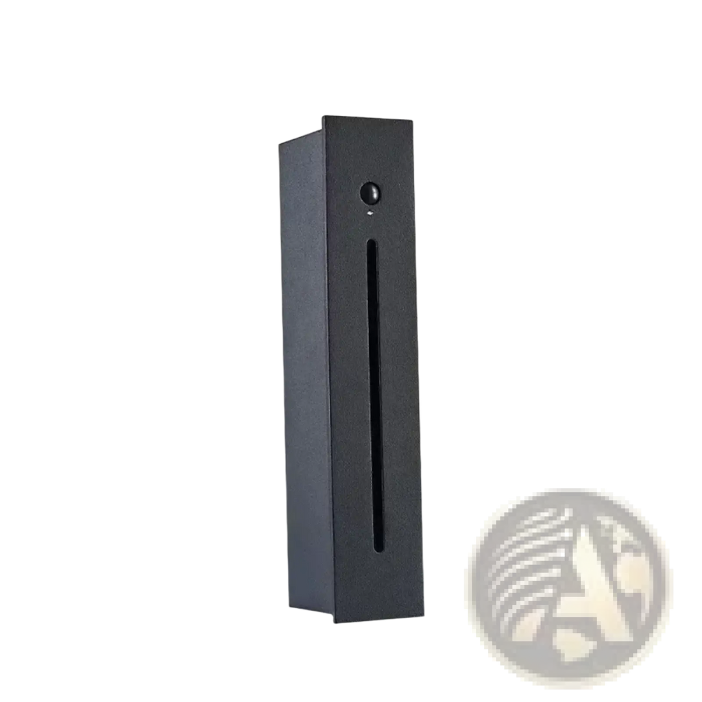 Black rectangular led stair wall light with motion sensor and a vertical slot and circular button on the front panel