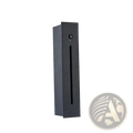 Black rectangular led stair wall light with motion sensor and a vertical slot and circular button on the front panel