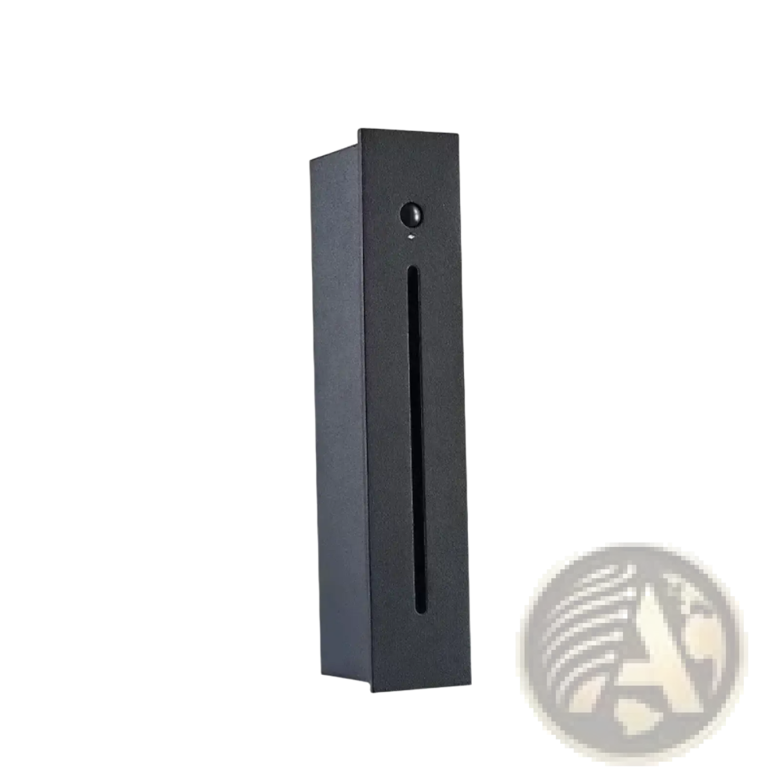 Black rectangular led stair wall light with motion sensor and a vertical slot and circular button on the front panel