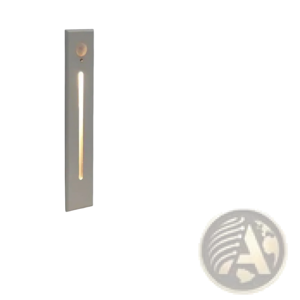 Led stair wall light motion sensor modern lamp with sleek white rectangular housing and warm led vertical strip illumination