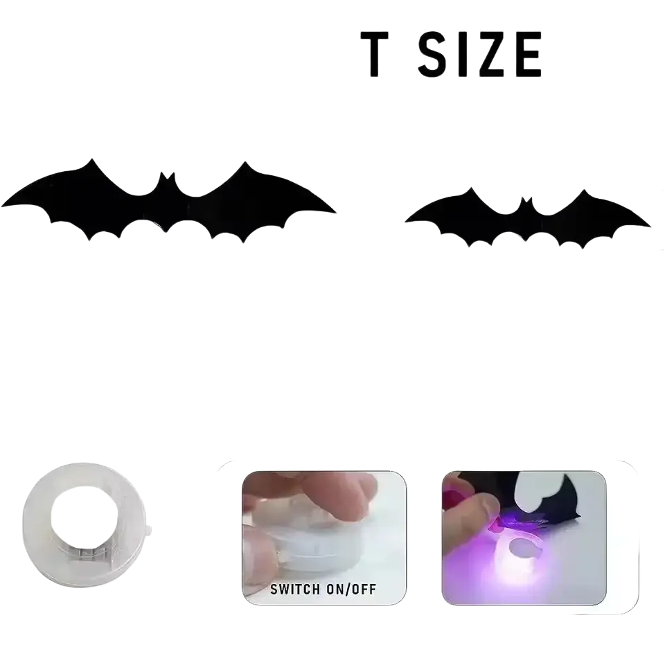 Black illuminated stereoscopic bat night light wall decals made of pet material with adhesive and switchable light feature
