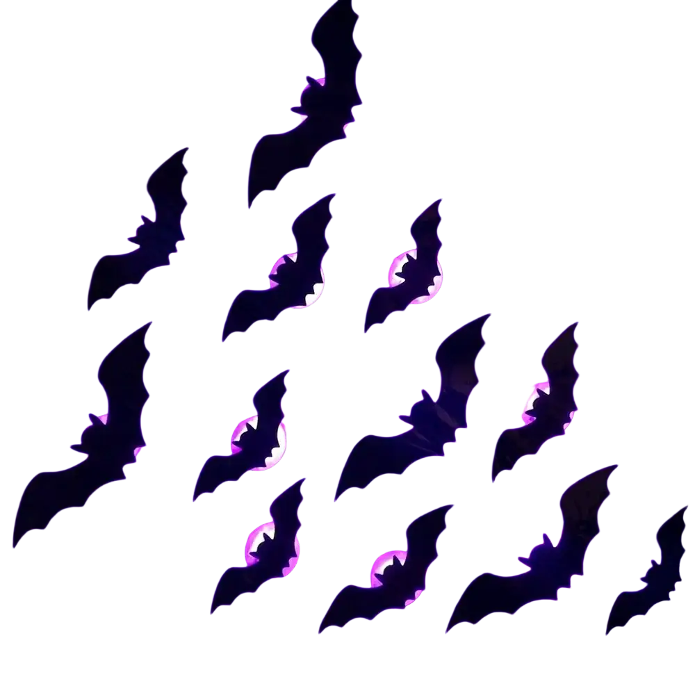 Led stereoscopic bat night light wall decals in black pet material with glowing purple backlighting for ambient decor