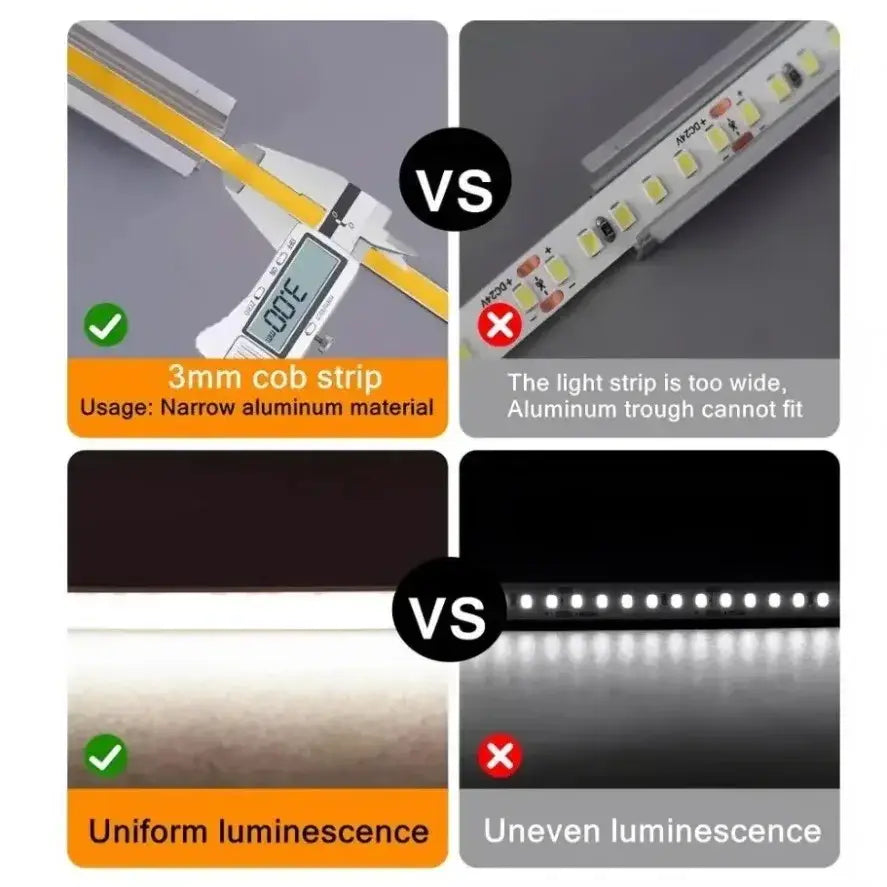 Led strip ultra thin 3mm cob dimmable diy home decor with narrow aluminum for even luminescence and free dc head 2pin