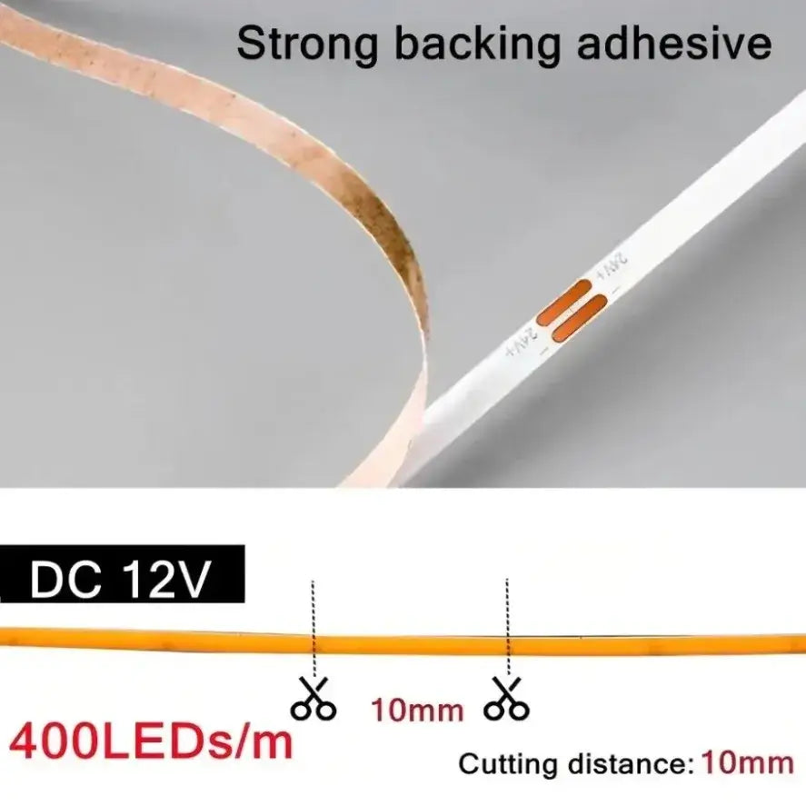 White led strip ultra thin 3mm cob dimmable with strong adhesive 400 leds per meter dc 12v for diy home decor free dc head+2pin