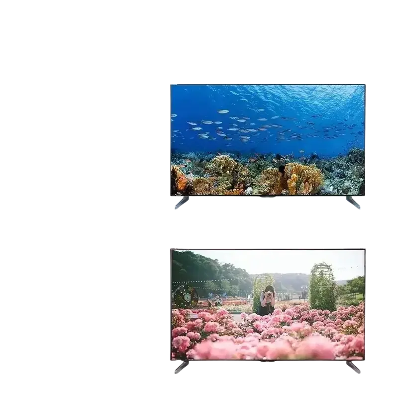 Black-framed led tv with slim profile and rgb ambient lighting showcasing vibrant underwater and floral scenes style smart led