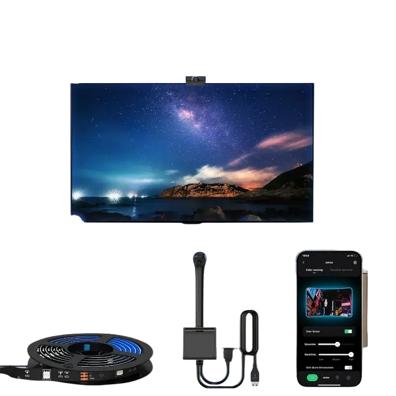 Blue led tv backlight strip with black control box and style smart led smartphone app interface for ambient lighting