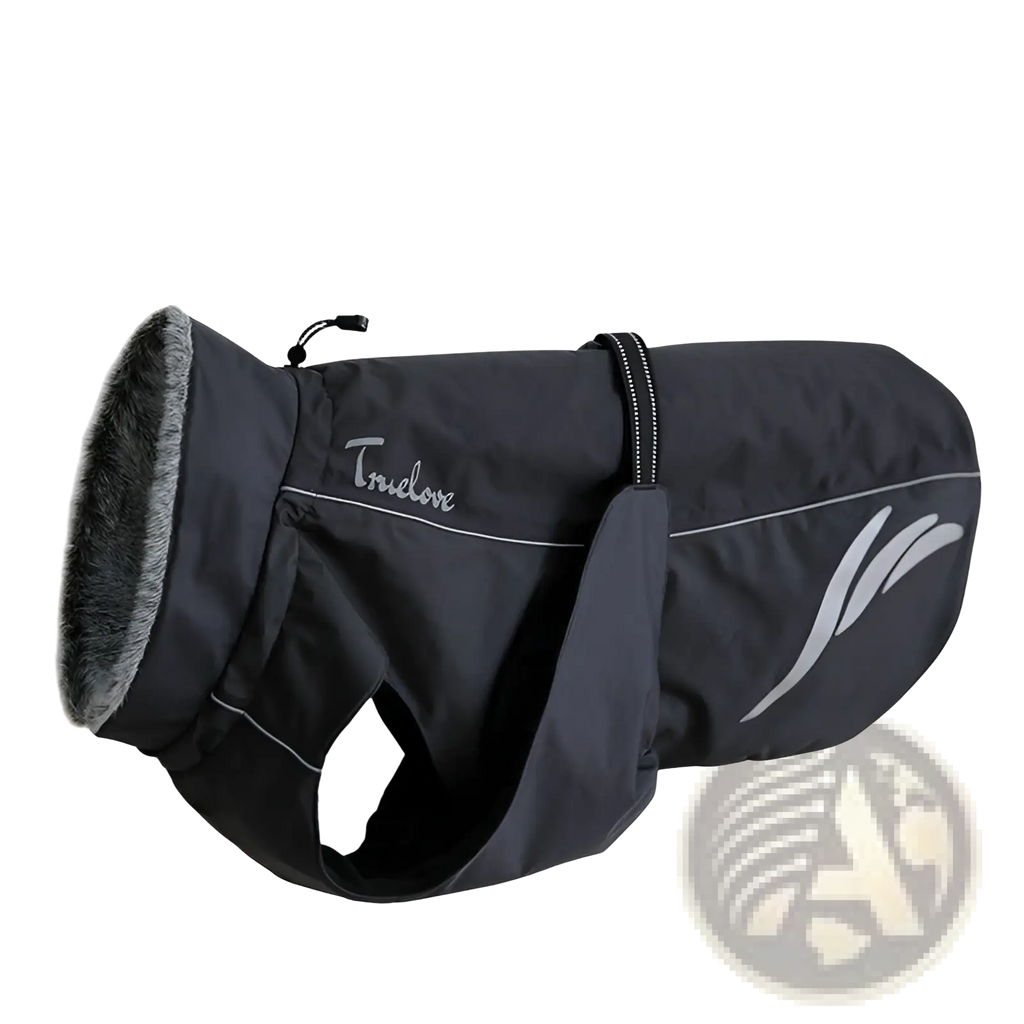 Black tridore dog raincoat with gray faux fur lining and silver reflective stripes shown from the back side