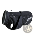 Black tridore dog raincoat with gray faux fur lining and silver reflective stripes shown from the back side