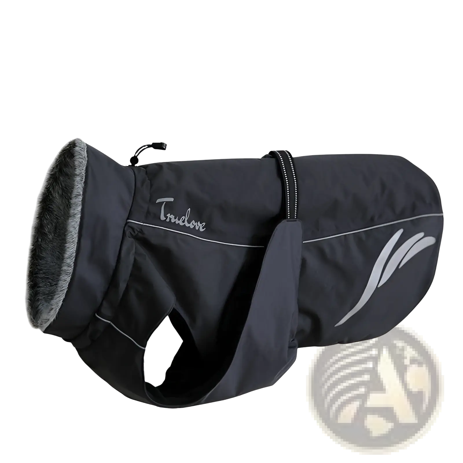 Black tridore dog raincoat with gray faux fur lining and silver reflective stripes shown from the back side