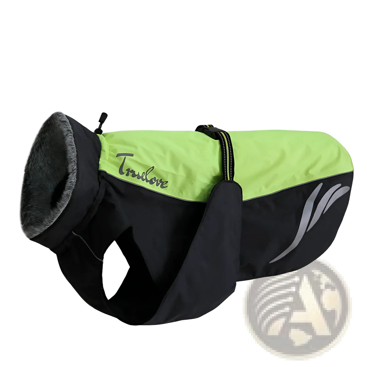 Bright lime green and black led waterproof dog down jacket with reflective stripes and gray fleece-lined collar for winter warmth
