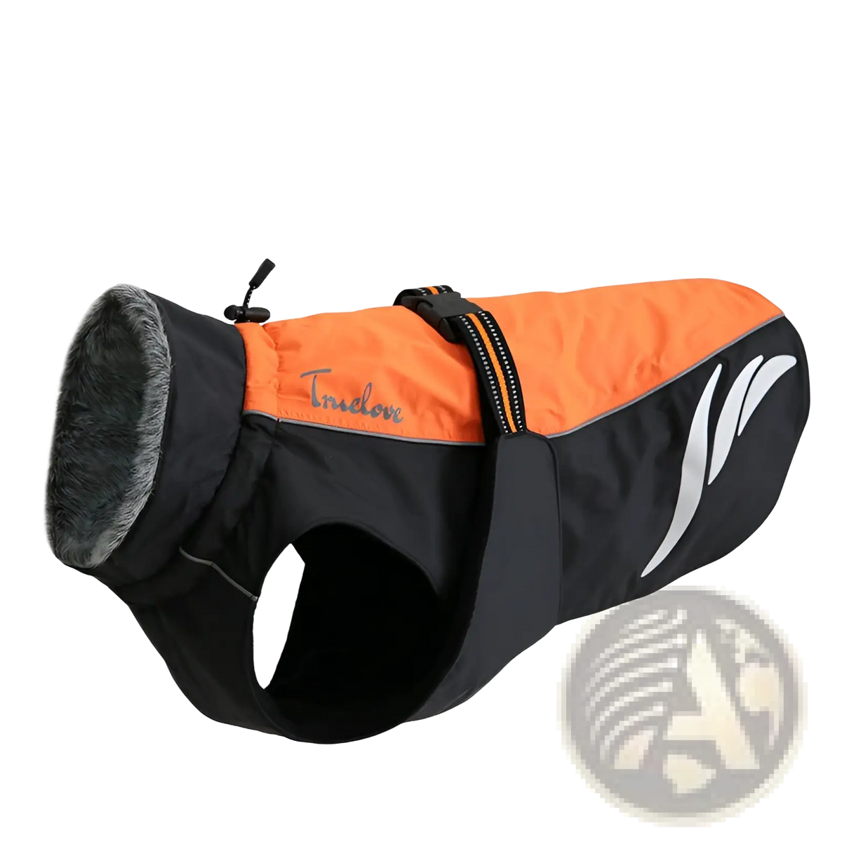 Orange and black led waterproof dog down jacket with gray fur-lined hood and reflective white stripes for winter warmth