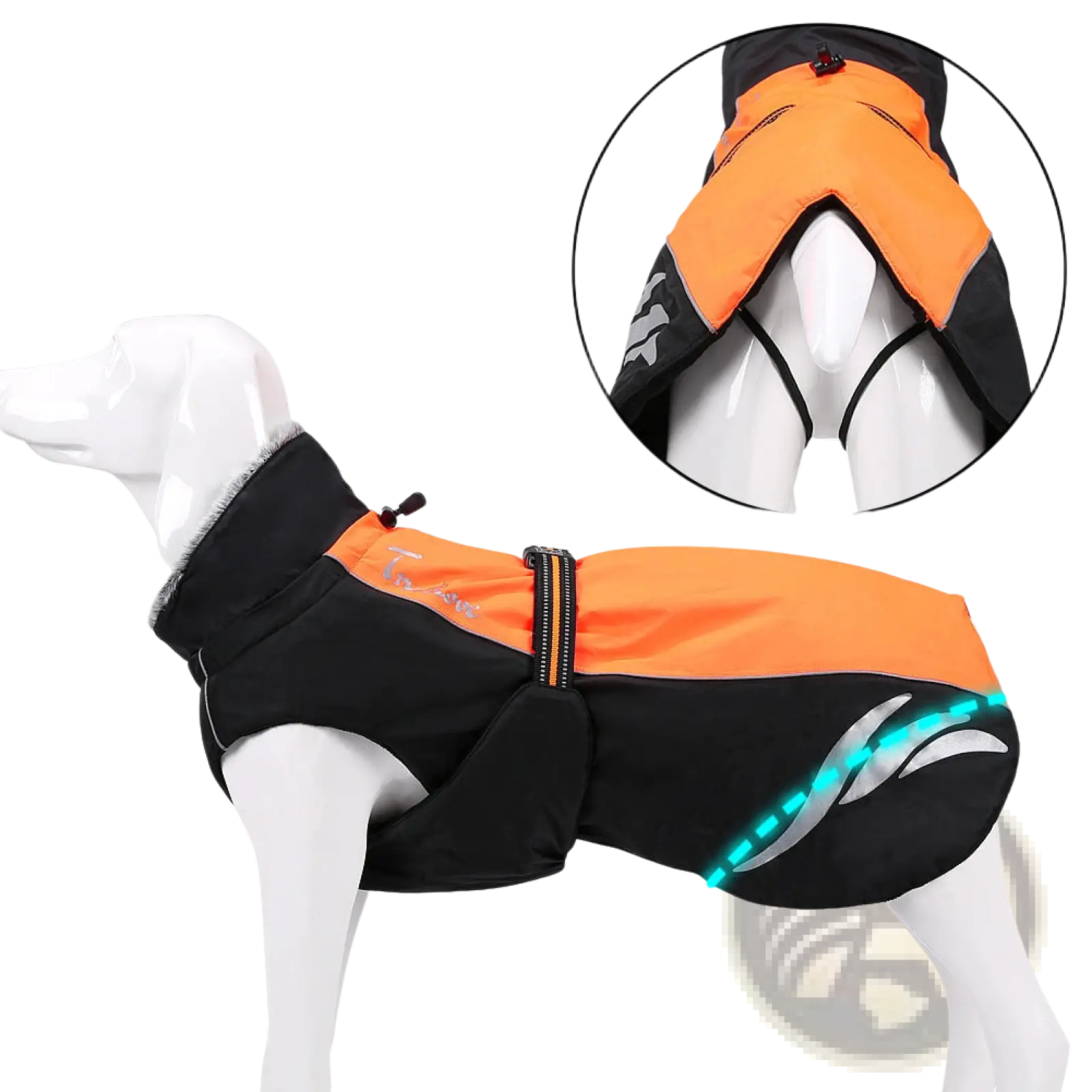 Bright orange and black led waterproof dog down jacket with reflective silver stripes and glowing blue led lights on the back side