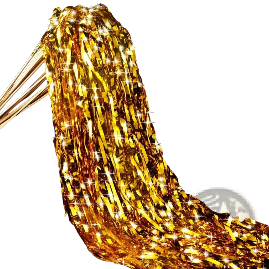 Led wedding wands with shimmering gold metallic tinsel streamers featuring a festive glittery texture
