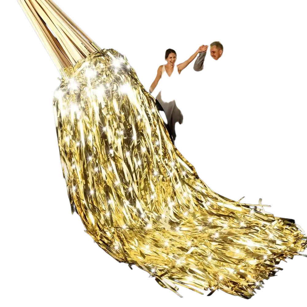 Led wedding wands with gold metallic tinsel streamers and embedded led lights glowing brightly for festive events