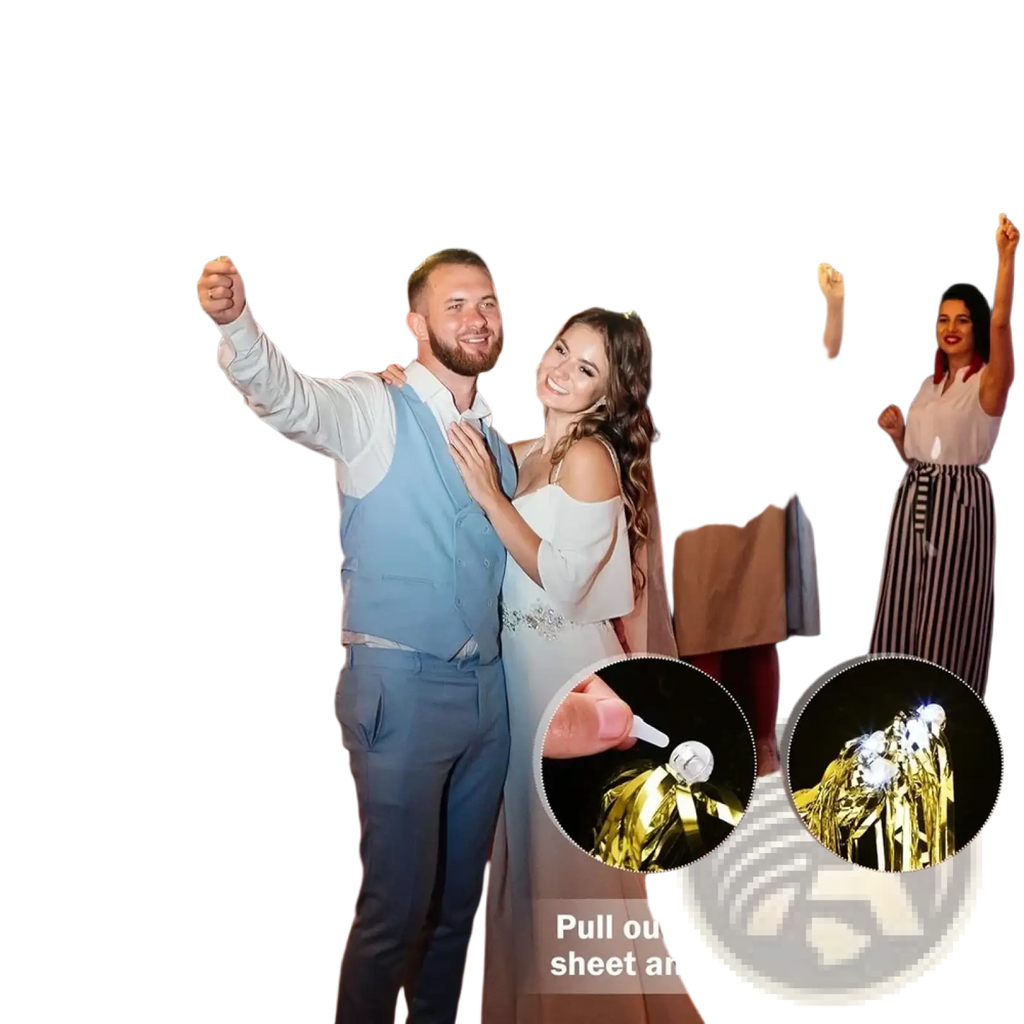 Led wedding wands with gold tinsel streamers and a golden sparkler revealed by pulling out the white insulation sheet