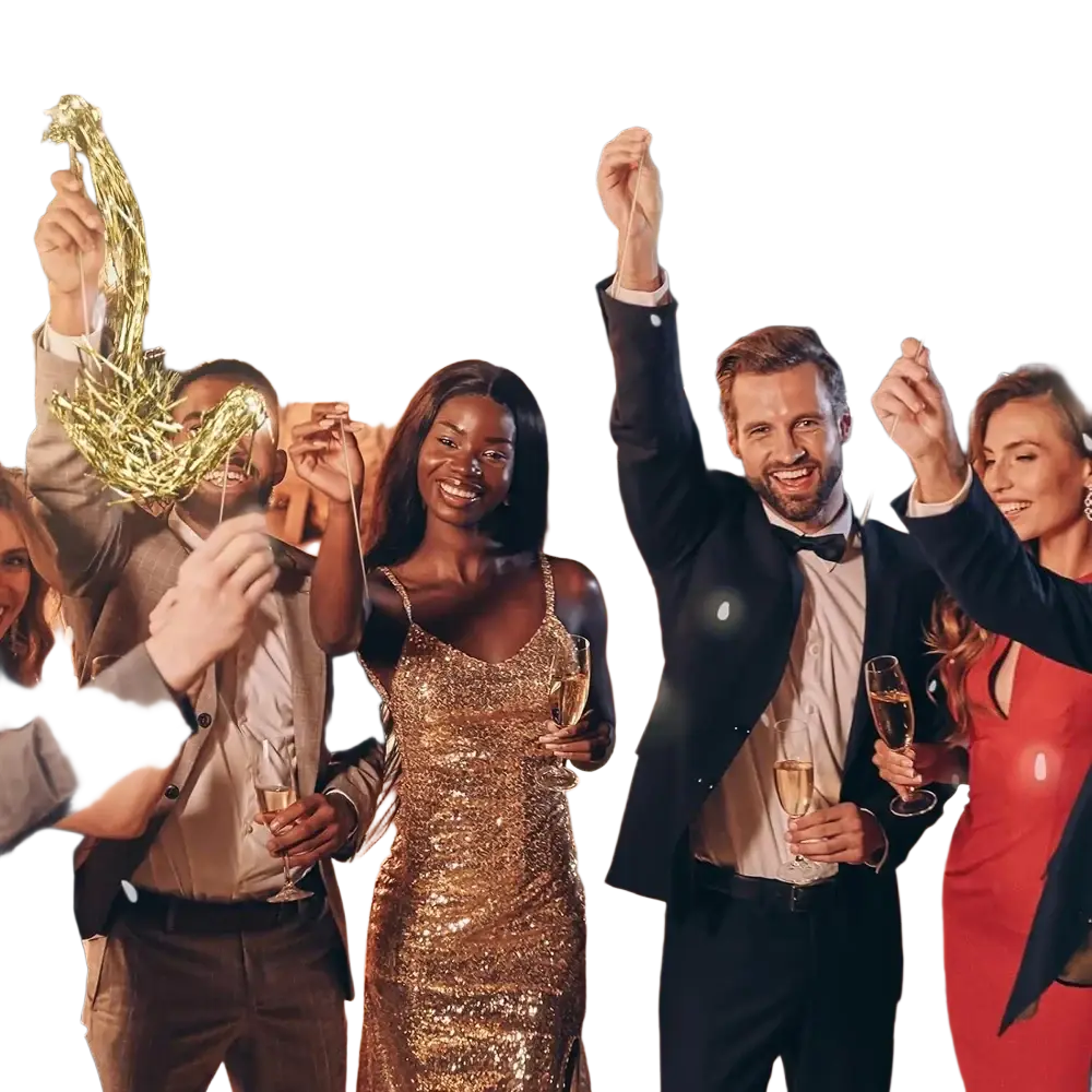A shimmering gold sequined dress with a form-fitting silhouette featured with led wedding wands with gold tinsel streamers