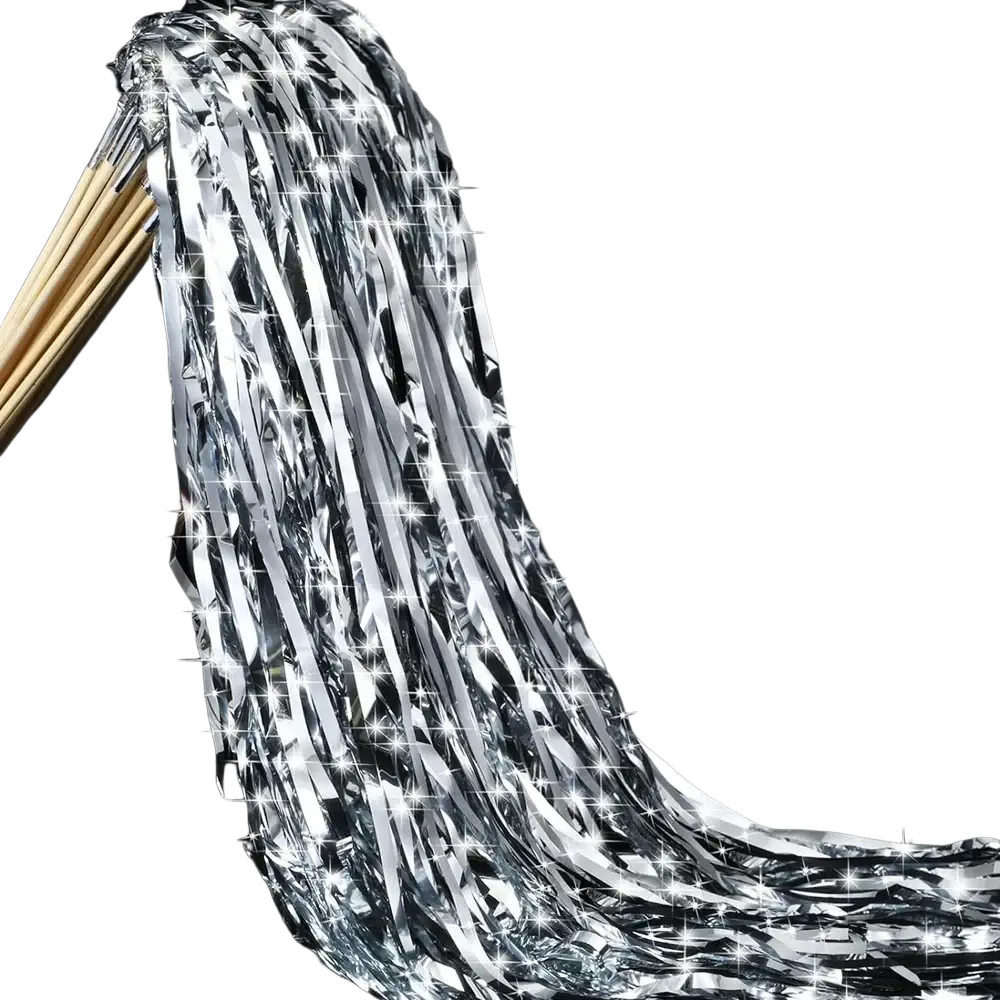 Led wedding wands with shiny silver metallic streamers cascading from wooden sticks with gold tinsel accents