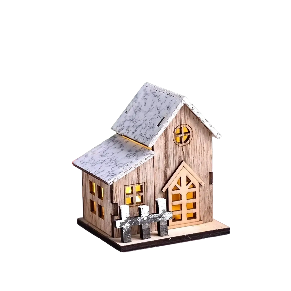 Led wooden christmas house luminous holiday ornament with rustic light wood siding and gray speckled snow roof design