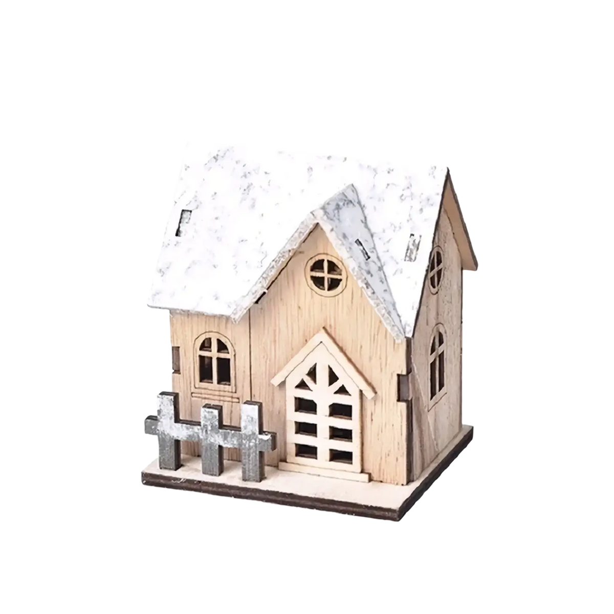 Led wooden christmas house luminous holiday ornament with snow-dusted roof and gray picket fence base
