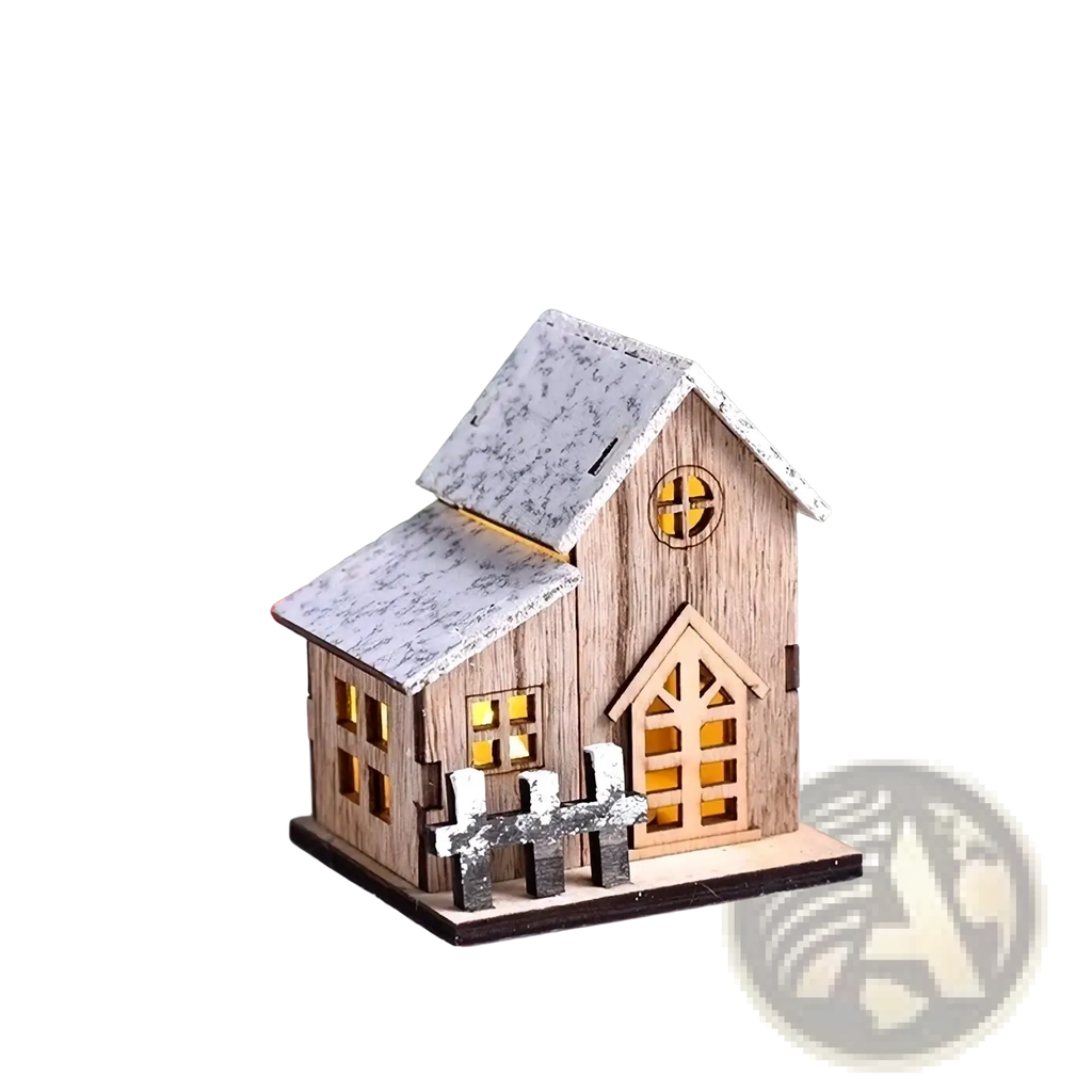 Led wooden christmas house luminous holiday ornament with rustic light wood siding and gray speckled snow roof design