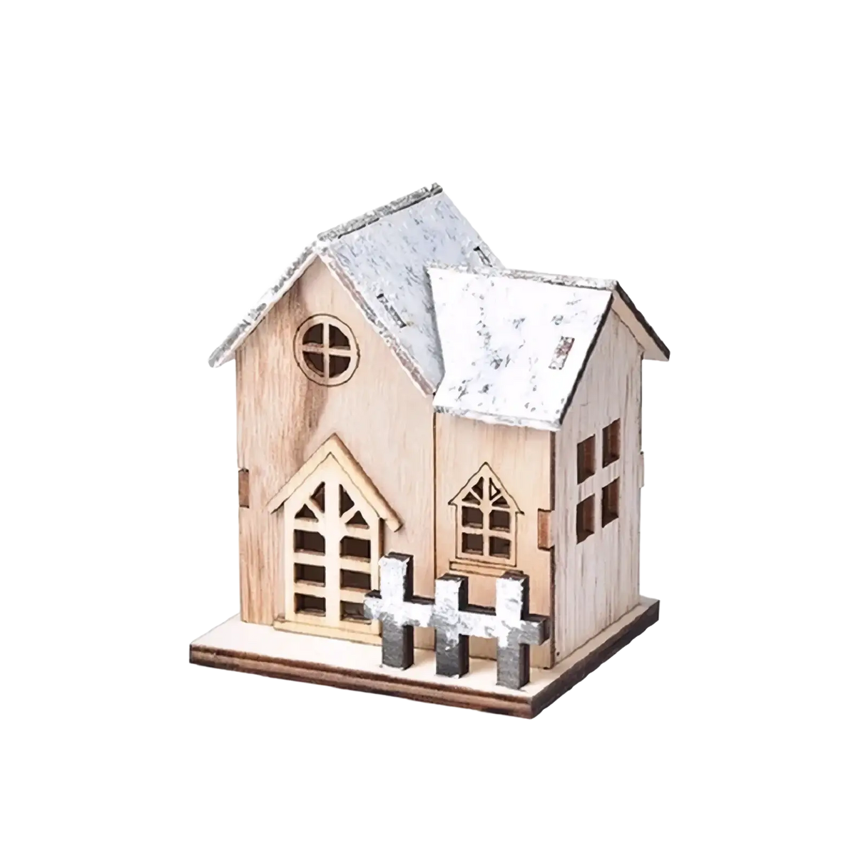 Led wooden christmas house luminous holiday ornament with rustic white painted roof and detailed cut-out windows