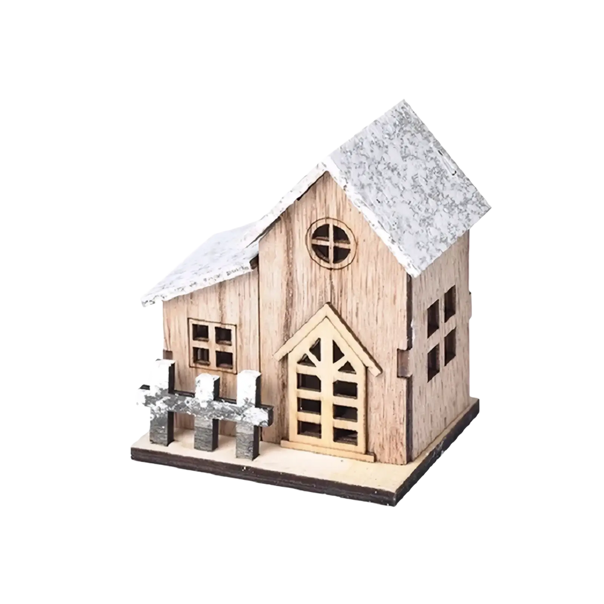 Led wooden christmas house luminous holiday ornament with rustic wood, snow-dusted roof, detailed windows, and fence