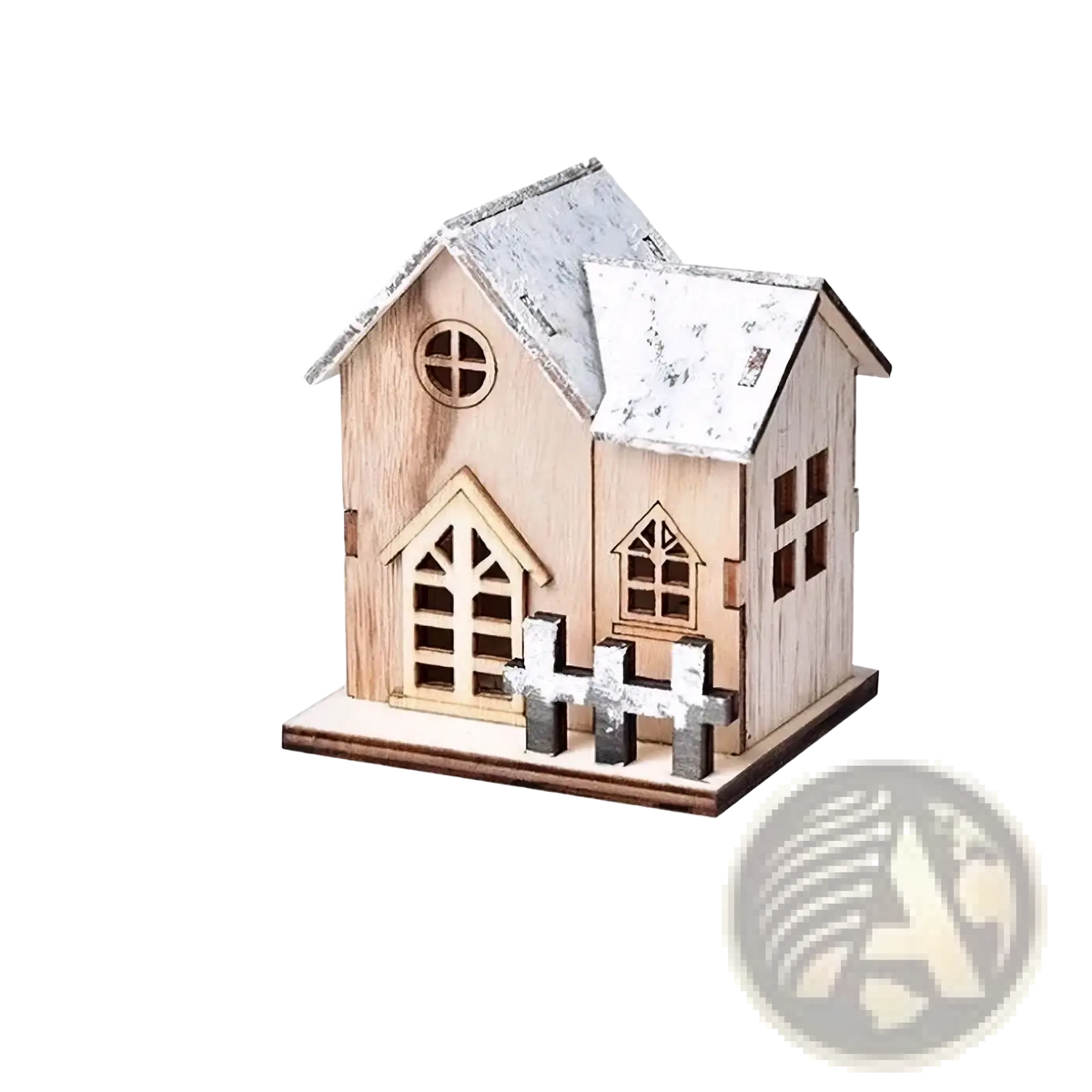 Led wooden christmas house luminous holiday ornament with rustic wood, weathered white roof, fence, and cut-out windows