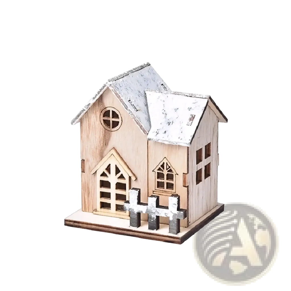 Led wooden christmas house luminous holiday ornament with rustic white painted roof and detailed cut-out windows